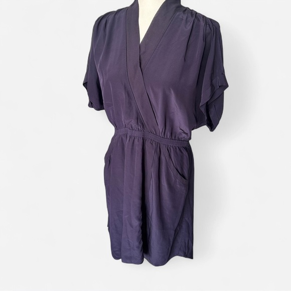 Aritzia Wilfred 100% Silk Faux Wrap Deep Purple Dress with Pockets Feminine Sz M - Picture 1 of 8